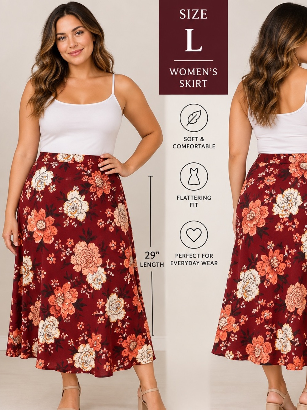 LOFT Burgundy Midi Skirt Floral Print stretchy LARGE 34” waist 29” length